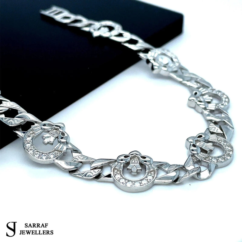 Silver Flat Claddagh Link CZ Simulated Diamond Design Bracelet | Shop Online Sarraf Jewellers UK - Sarraf Jewellers
