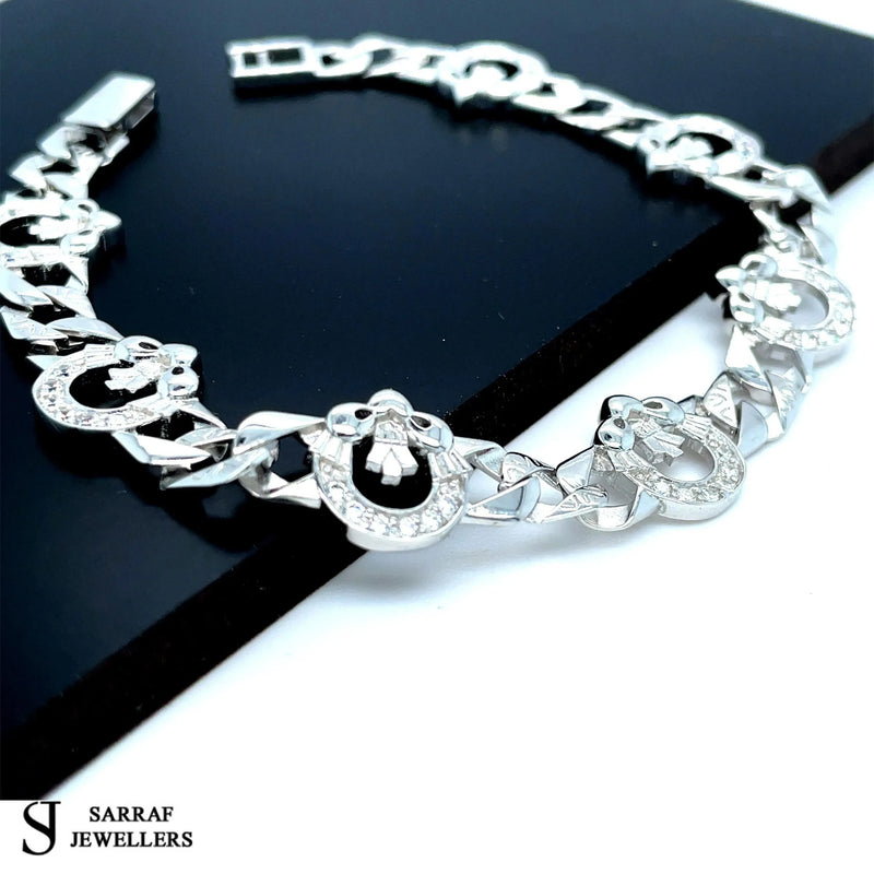 Silver Flat Claddagh Link CZ Simulated Diamond Design Bracelet | Shop Online Sarraf Jewellers UK - Sarraf Jewellers