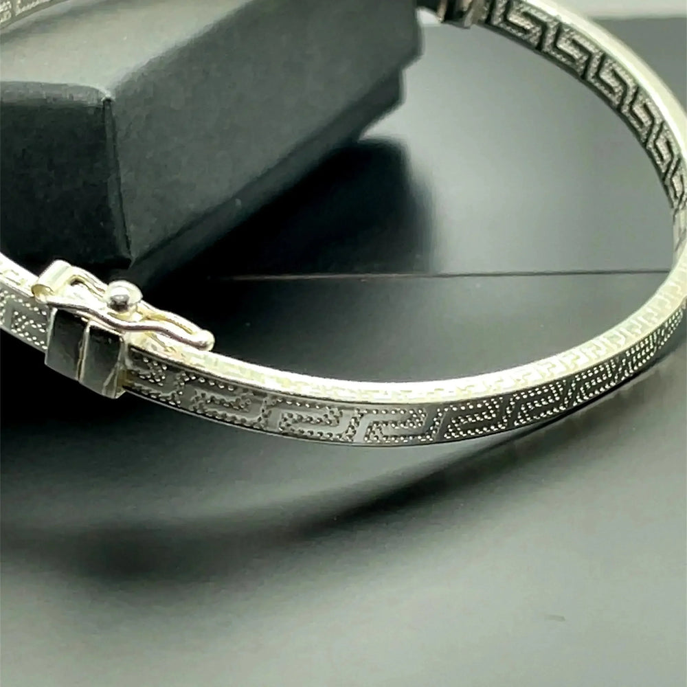 Silver Ladies Oval Greek Design Hinged Bangle | Sarraf Jewellers UK