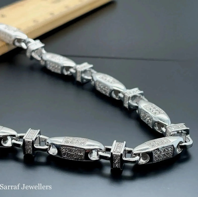 Silver Solid Block Chain Simulated Diamond CZ Design Necklace | Shop Online Sarraf Jewellers UK - Sarraf Jewellers