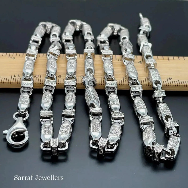Silver Solid Block Chain Simulated Diamond CZ Design Necklace | Shop Online Sarraf Jewellers UK - Sarraf Jewellers