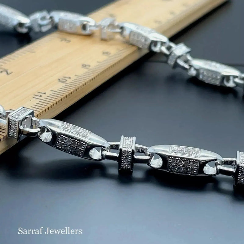 Silver Solid Block Chain Simulated Diamond CZ Design Necklace | Shop Online Sarraf Jewellers UK - Sarraf Jewellers