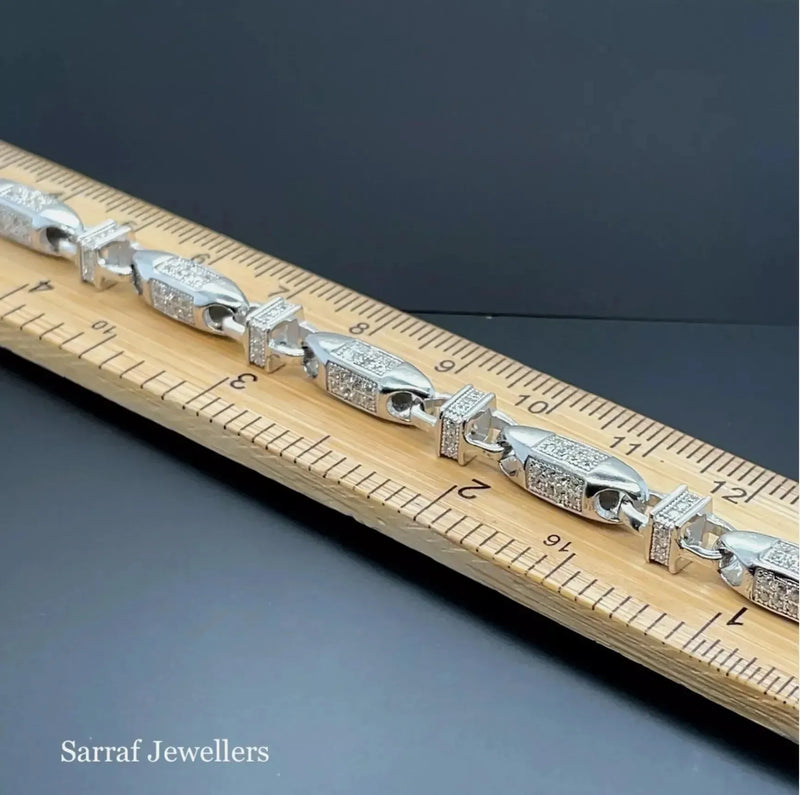 Silver Solid Block Chain Simulated Diamond CZ Design Necklace | Shop Online Sarraf Jewellers UK - Sarraf Jewellers