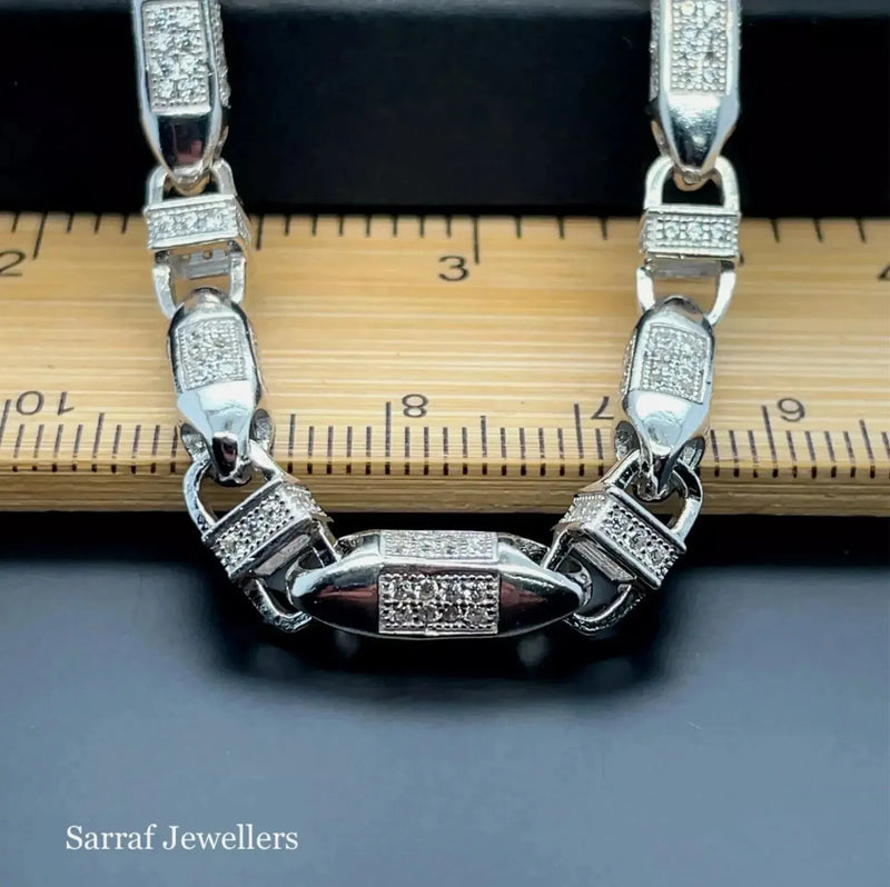 Silver Solid Block Chain Simulated Diamond CZ Design Necklace | Shop Online Sarraf Jewellers UK - Sarraf Jewellers