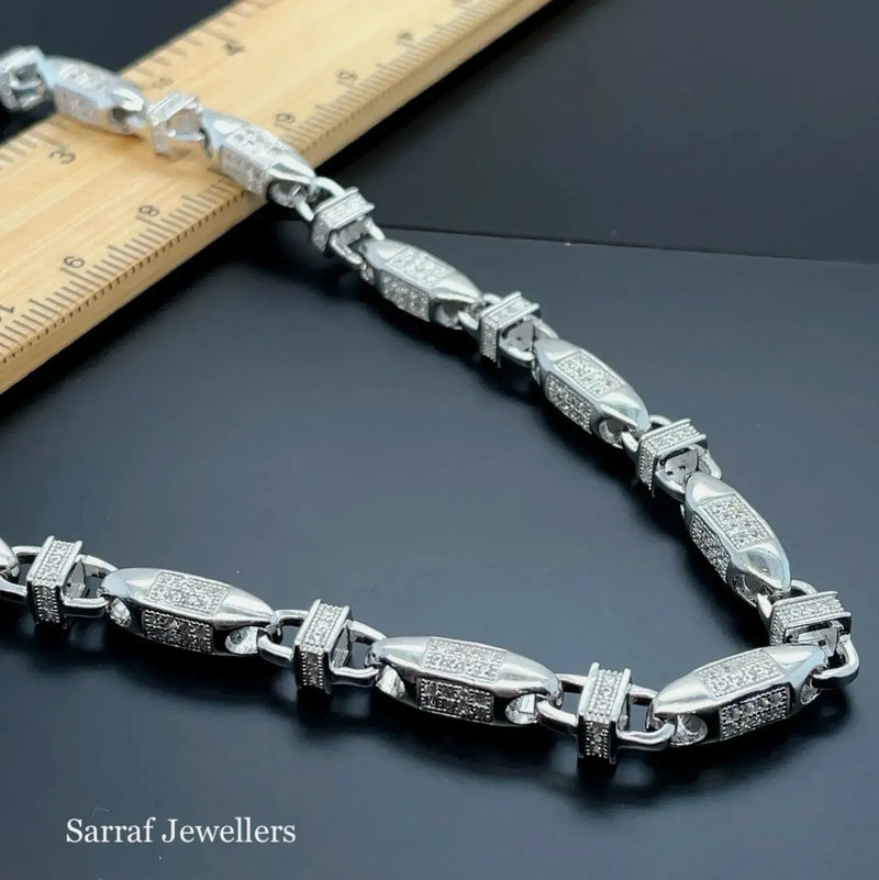 Silver Solid Block Chain Simulated Diamond CZ Design Necklace | Shop Online Sarraf Jewellers UK - Sarraf Jewellers