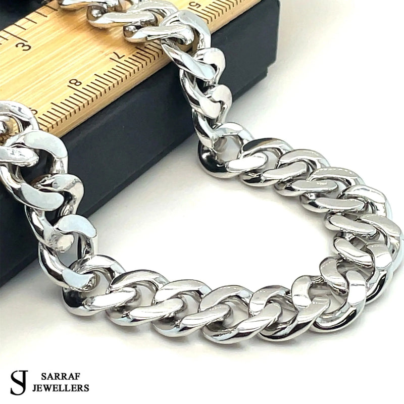 Silver Solid Heavy Curb Chain CZ Simulated Diamond Design Necklace | Shop Online Sarraf Jewellers UK - Sarraf Jewellers
