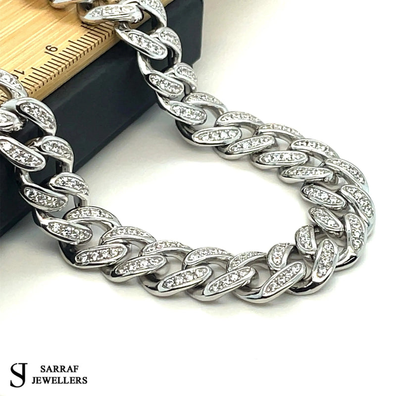 Silver Solid Heavy Curb Chain CZ Simulated Diamond Design Necklace | Shop Online Sarraf Jewellers UK - Sarraf Jewellers