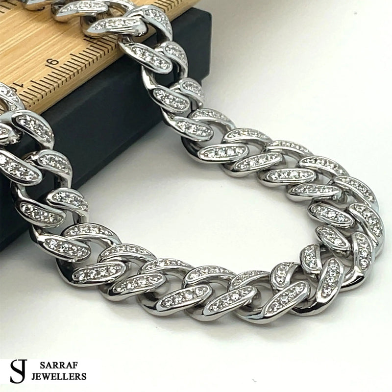 Silver Solid Heavy Curb Chain CZ Simulated Diamond Design Necklace | Shop Online Sarraf Jewellers UK - Sarraf Jewellers
