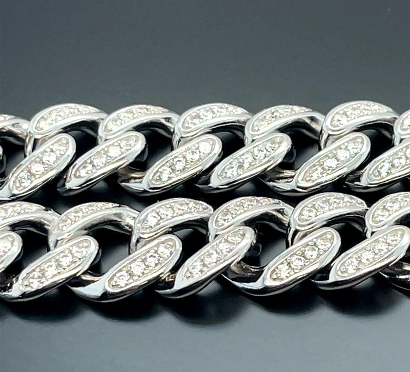 Silver Solid Heavy Curb Chain CZ Simulated Diamond Design Necklace | Shop Online Sarraf Jewellers UK - Sarraf Jewellers