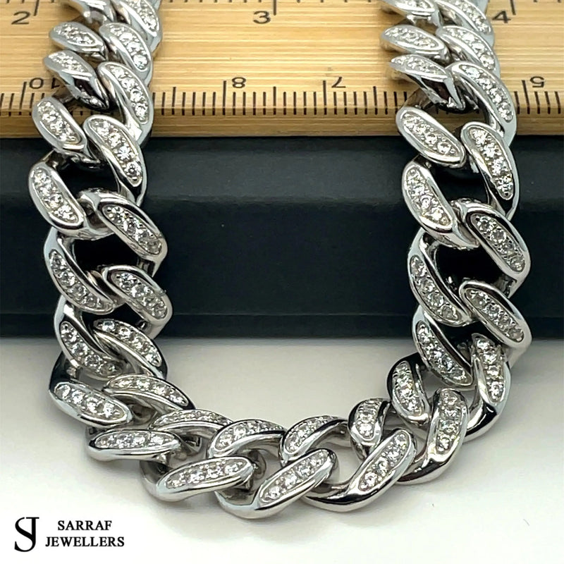 Silver Solid Heavy Curb Chain CZ Simulated Diamond Design Necklace | Shop Online Sarraf Jewellers UK - Sarraf Jewellers