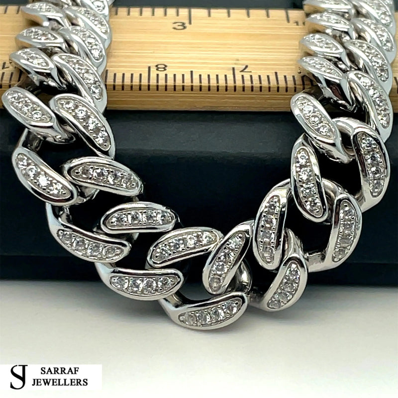 Silver Solid Heavy Curb Chain CZ Simulated Diamond Design Necklace | Shop Online Sarraf Jewellers UK - Sarraf Jewellers