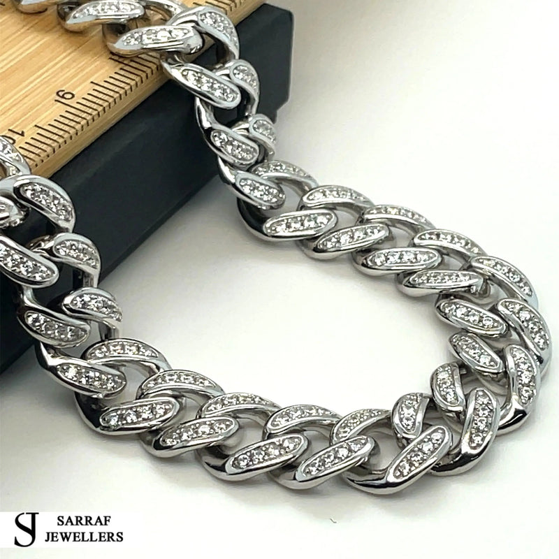 Silver Solid Heavy Curb Chain CZ Simulated Diamond Design Necklace | Shop Online Sarraf Jewellers UK - Sarraf Jewellers