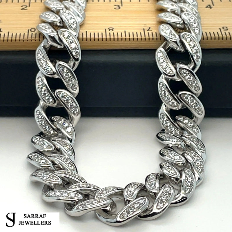 Silver Solid Heavy Curb Chain CZ Simulated Diamond Design Necklace | Shop Online Sarraf Jewellers UK - Sarraf Jewellers
