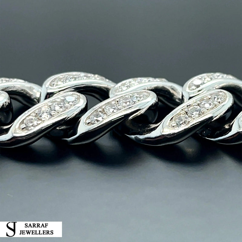 Silver Solid Heavy Curb Chain CZ Simulated Diamond Design Necklace | Shop Online Sarraf Jewellers UK - Sarraf Jewellers