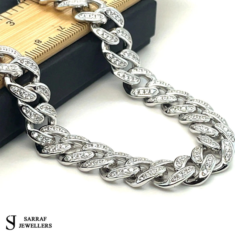 Silver Solid Heavy Curb Chain CZ Simulated Diamond Design Necklace | Shop Online Sarraf Jewellers UK - Sarraf Jewellers