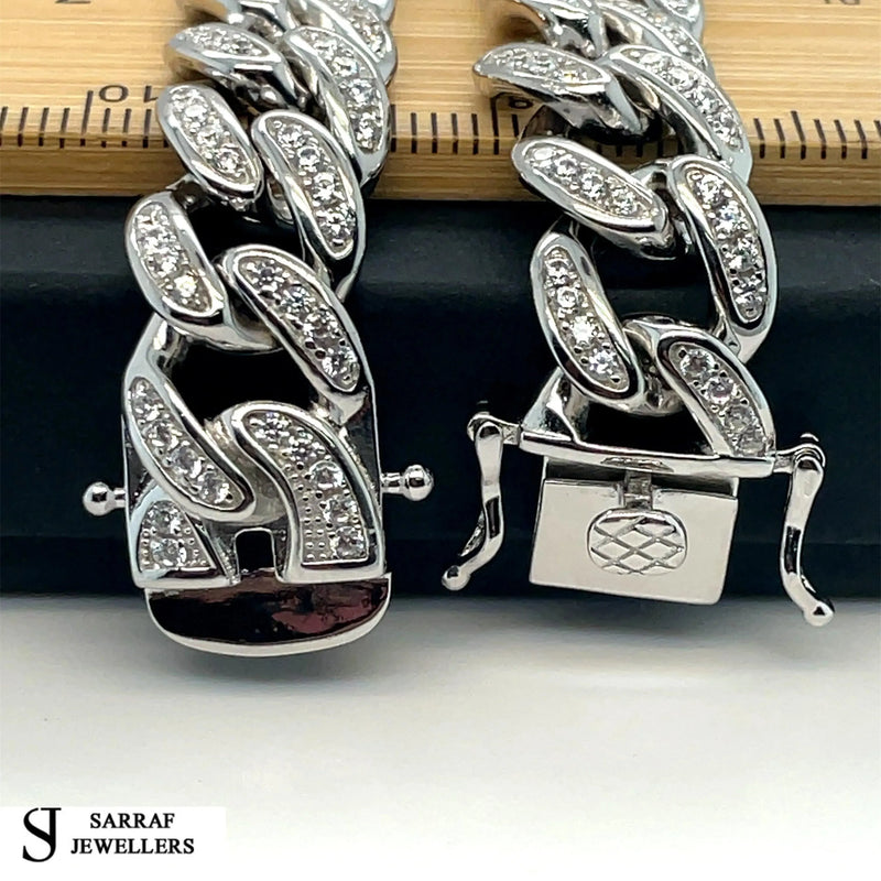 Silver Solid Heavy Curb Chain CZ Simulated Diamond Design Necklace | Shop Online Sarraf Jewellers UK - Sarraf Jewellers