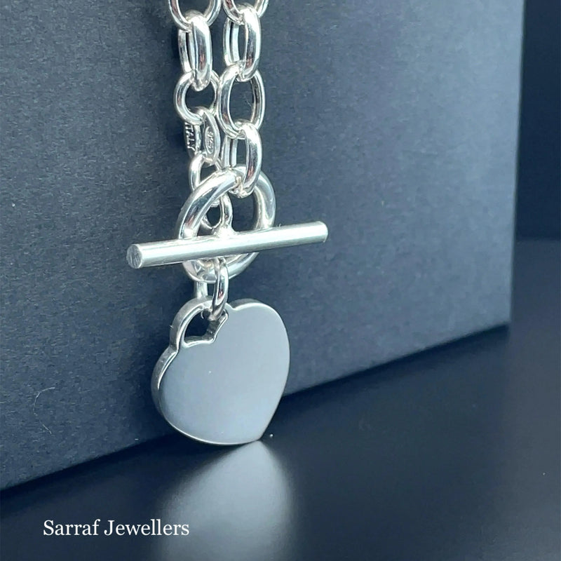 Silver T-Bar Heart Charm Rolo Link Bracelet Ladies Plain Desing Free Engraving | Shop Online Sarraf Jewellers UK - Sarraf Jewellers