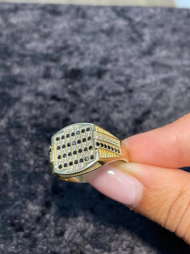 14ct Yellow Gold BLACK WHITE CZ ROUND RECTANGLE Men s Ring 585 Hallmarked Brand New