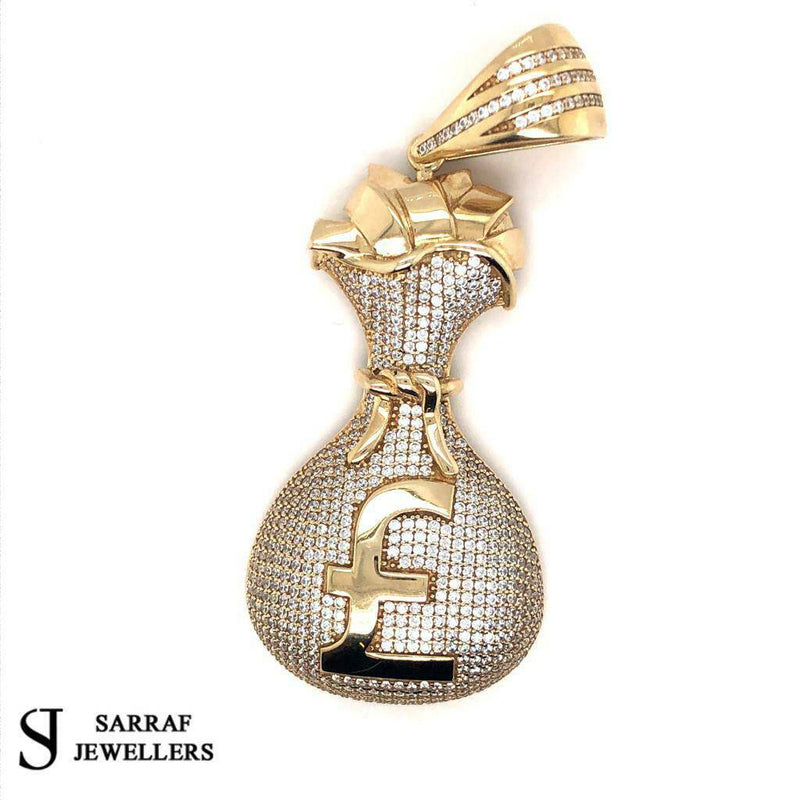 375 9ct Yellow GOLD ICE MONEY BAG MENS Icy Shine Shiny BLING RAPPER PENDANT - Sarraf Jewellers