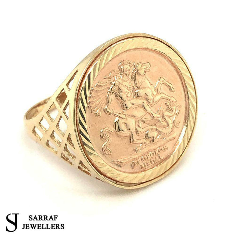 SOVEREIGN RING 375 9ct 9K YELLOW GOLD CLASSIC St George Dragon Slayer ALL SIZES - Sarraf Jewellers