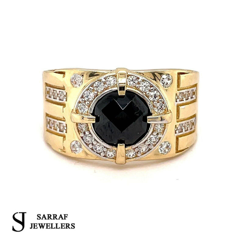 14ct YELLOW GOLD RING CZ ONIX 585 MENS PINKY PATTERN DESIGN ALL Sizes New - Sarraf Jewellers