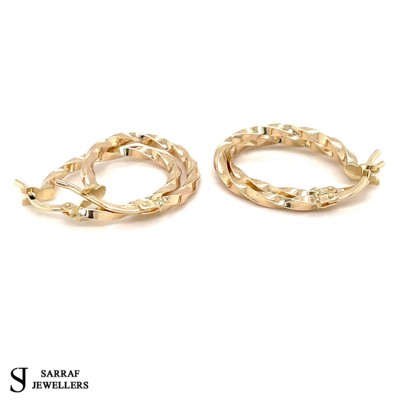 Gold Hoop Earring, Earring Set, Earring Display, 9 carat Yellow Gold Hoop Ladies Oval Twisted Earrings 15MM - Sarraf Jewellers
