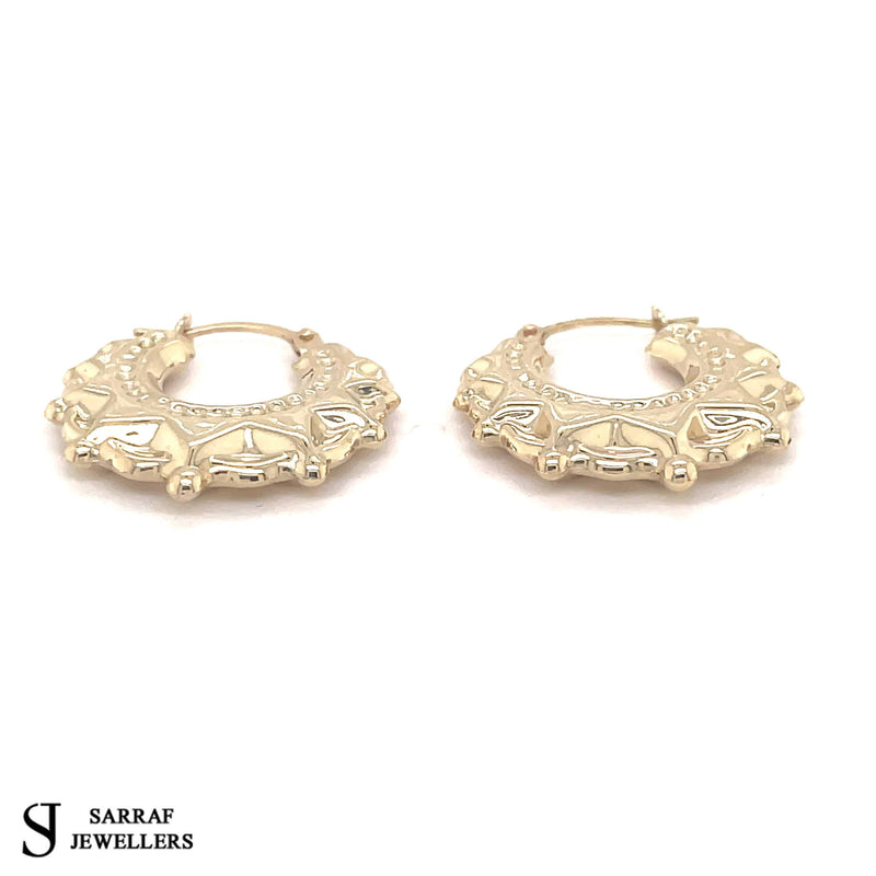 Creole Earrings, 9ct Gold Earring, Victorian Style Spiked, Oval Creole Hoop Earrings 16x19mm - Sarraf Jewellers