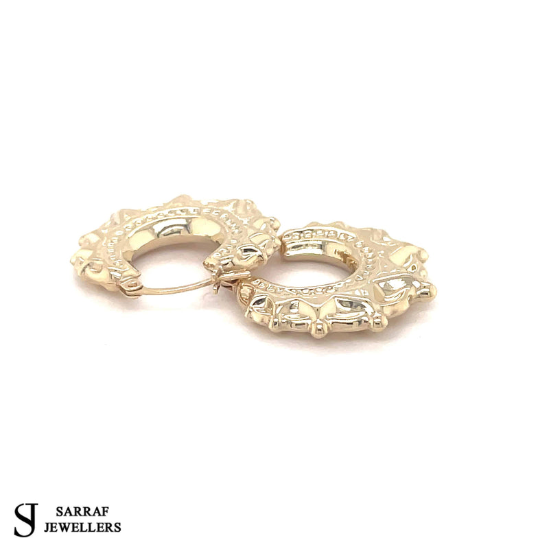 Creole Earrings, 9ct Gold Earring, Victorian Style Spiked, Oval Creole Hoop Earrings 16x19mm - Sarraf Jewellers