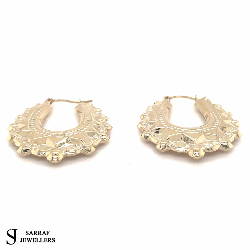 9ct Gold Earring, Creole Earrings, Victorian Style Spiked, Oval Creole Hoop Earrings 24x27mm - Sarraf Jewellers