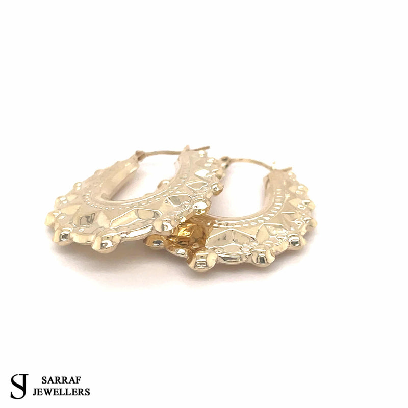9ct Gold Earring, Creole Earrings, Victorian Style Spiked, Oval Creole Hoop Earrings 24x27mm - Sarraf Jewellers