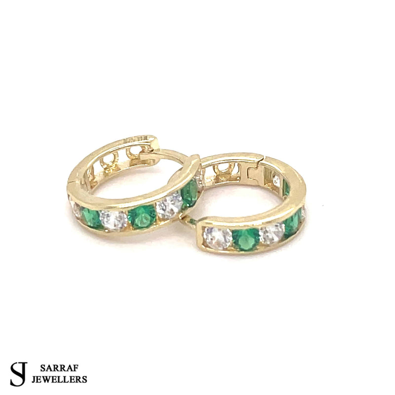 9ct Yellow Gold Emerald, Huggie Hinged Hoop Earrings, Gold Hinged Earrings - Sarraf Jewellers