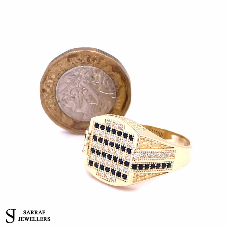 14ct Yellow Gold BLACK & WHITE CZ ROUND RECTANGLE Men's Ring 585 Hallmarked Brand New - Sarraf Jewellers
