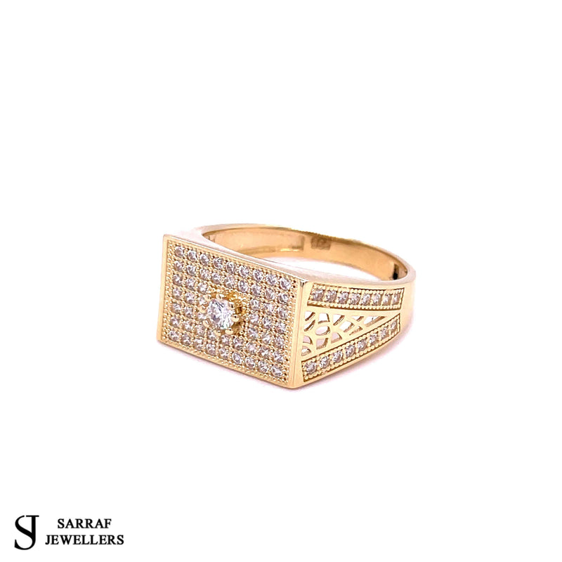 14ct Yellow Gold WHITE CZ RECTANGLE DESIGN Men's Ring 585 Hallmarked BRAND NEW - Sarraf Jewellers