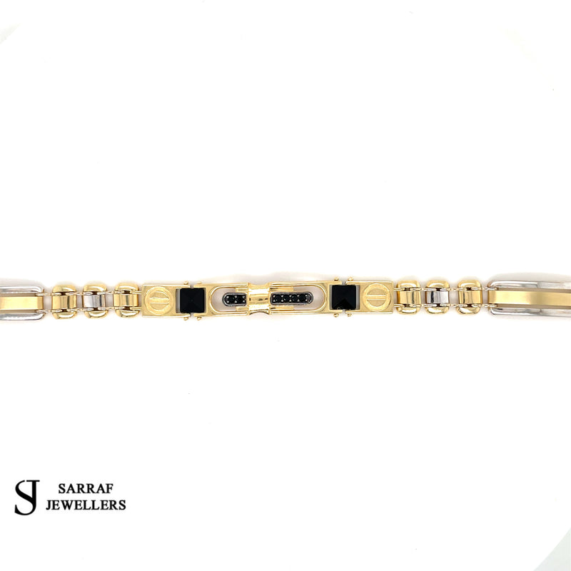 14ct YELLOW white GOLD Gents Link Black CZ stone Bracelet HALLMARKED 8" 8MM 14gr - Sarraf Jewellers