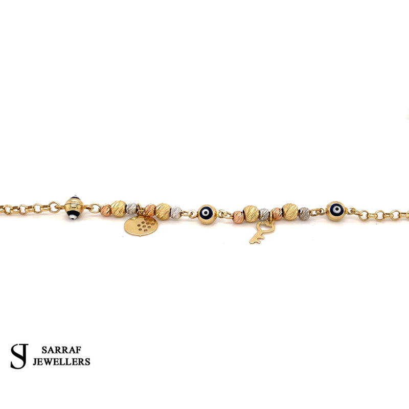 14CT Yellow Gold Ladies Evil Eye Adjustable Charm Bracelet Hallmarked BRAND NEW - Sarraf Jewellers