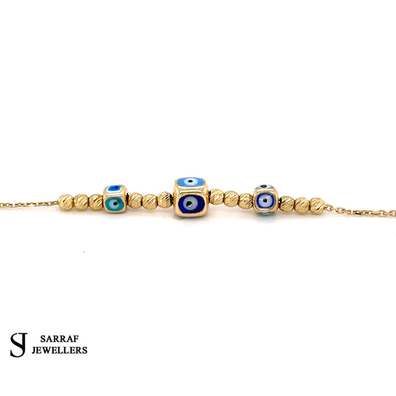 14CT Yellow Gold Ladies Evil Eye Adjustable Bracelet Hallmarked BRAND NEW - Sarraf Jewellers