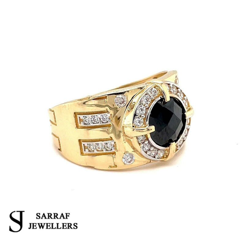 14ct YELLOW GOLD RING CZ ONIX 585 MENS PINKY PATTERN DESIGN ALL Sizes New - Sarraf Jewellers