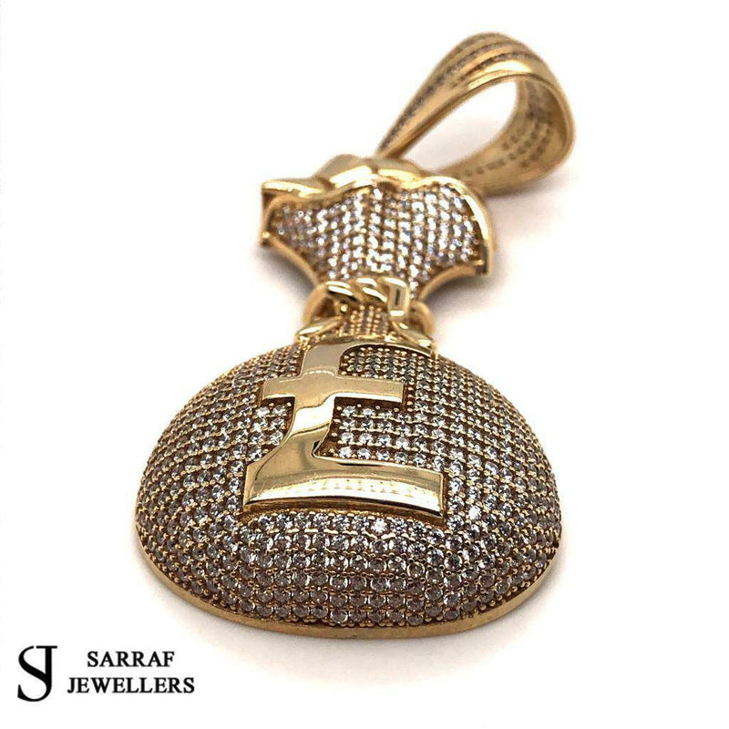 375 9ct Yellow GOLD ICE MONEY BAG MENS Icy Shine Shiny BLING RAPPER PENDANT - Sarraf Jewellers