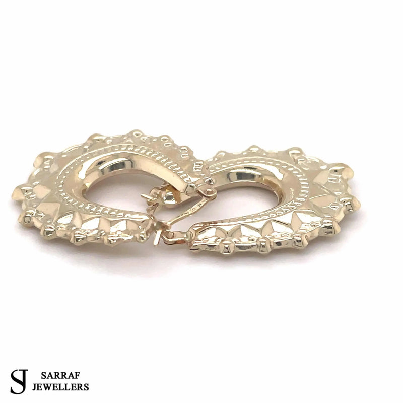 9ct Gold Earring, Creole Earrings, Victorian Style Spiked, Oval Creole Hoop Earrings 24x27mm - Sarraf Jewellers