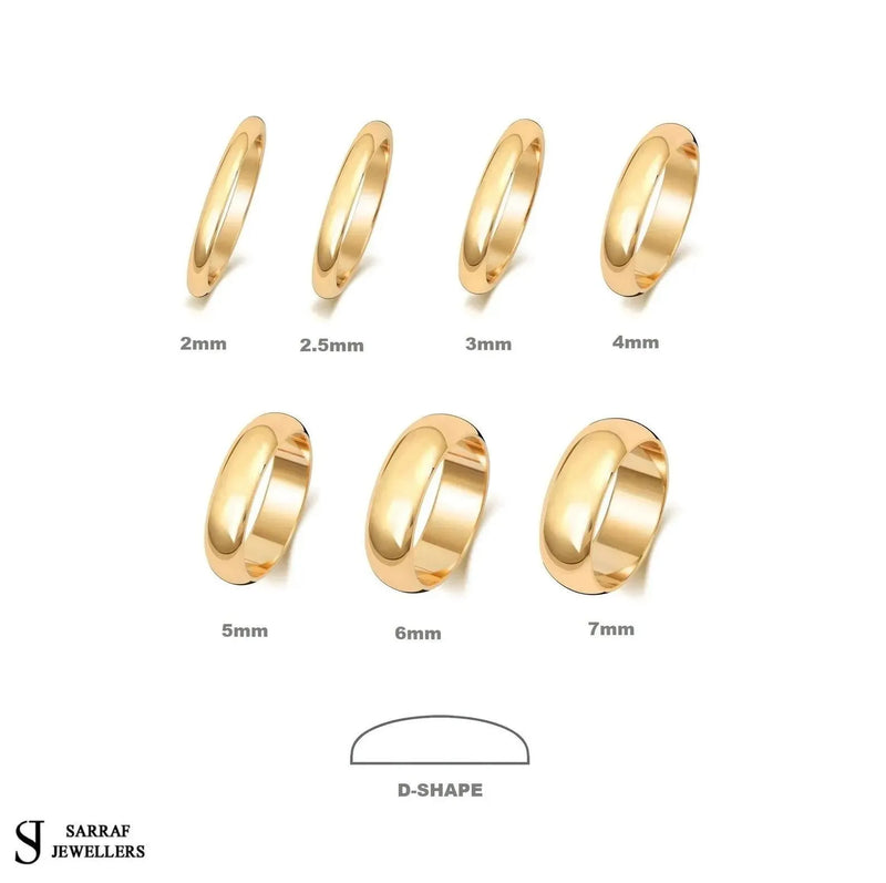 9ct Yellow Gold D Shape Wedding Ring 2mm to 7mm Width, Classic Wedding Band, UK Hallmark, For Men and Women - Sarraf Jewellers