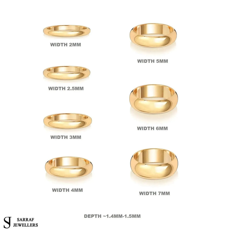 9ct Yellow Gold D Shape Wedding Ring 2mm to 7mm Width, Classic Wedding Band, UK Hallmark, For Men and Women - Sarraf Jewellers