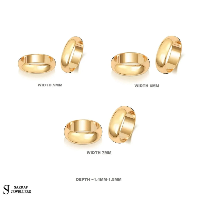 9ct Yellow Gold D Shape Wedding Ring 2mm to 7mm Width, Classic Wedding Band, UK Hallmark, For Men and Women - Sarraf Jewellers