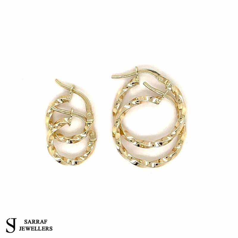 9ct Yellow Gold Hoop Twisted Earrings, Gold Earring Set, Gold Earring Hooks - Sarraf Jewellers