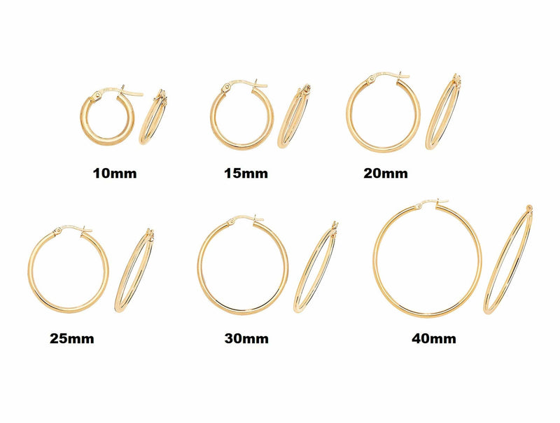 Gold Hoop Earring, 9ct Yellow Gold Plain Hoop Earrings, 9k Earrings, 10mm - 15mm - 20mm - 25mm - 30mm - 40mm - Sarraf Jewellers