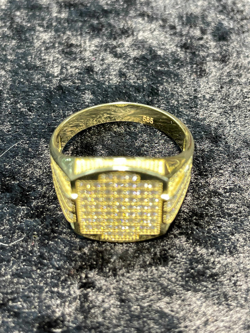 14ct Yellow Gold WHITE CZ ROUND RECTANGLE Men's Ring 585 Hallmarked BRAND NEW - Sarraf Jewellers