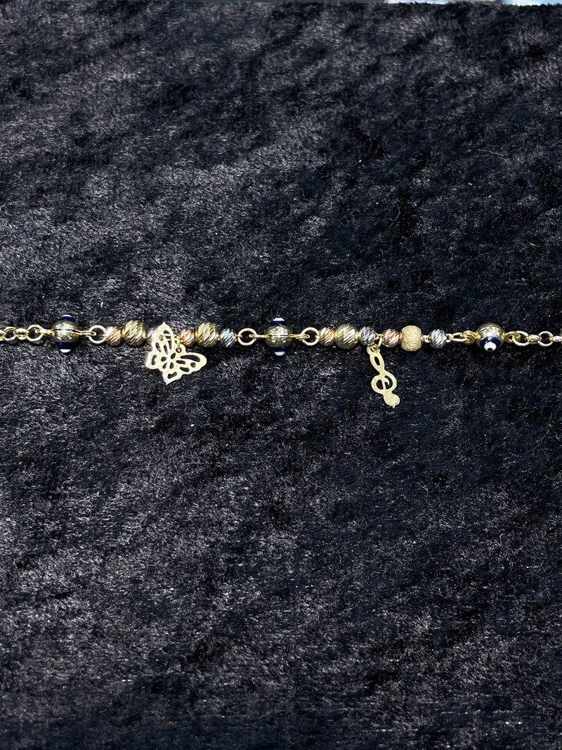 14ct Yellow Gold Ladies Evil Eye Adjustable Music Key & Butterfly Charm Hallmarked Bracelet BRAND NEW - Sarraf Jewellers