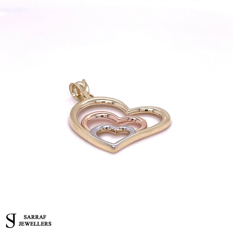 9ct Yellow, White and Rose Gold Triple Heart Pendant Womens BRAND NEW 375 HALLMARKED - Sarraf Jewellers