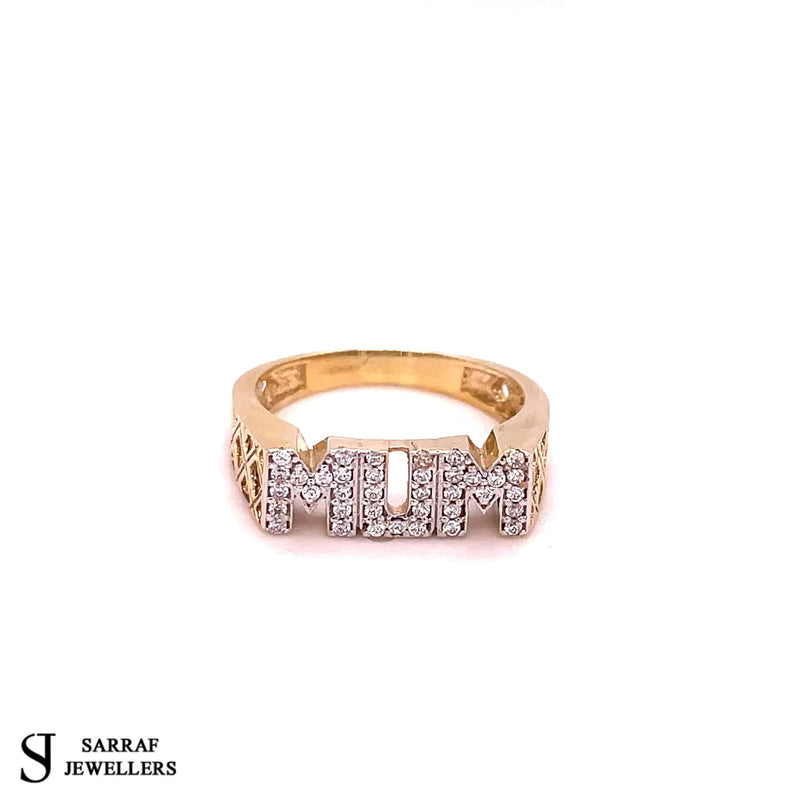 9ct Yellow Gold MUM CZ stone set Ring, BASKET SIDES Shoulders WOMENS BRAND NEW - Sarraf Jewellers