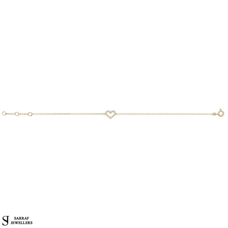 Gold CZ Heart Bracelet 9k Yellow Gold Ladies' 7.25 inch Bracelet , Ladies Gold Bracelet, Gifts for her - Sarraf Jewellers