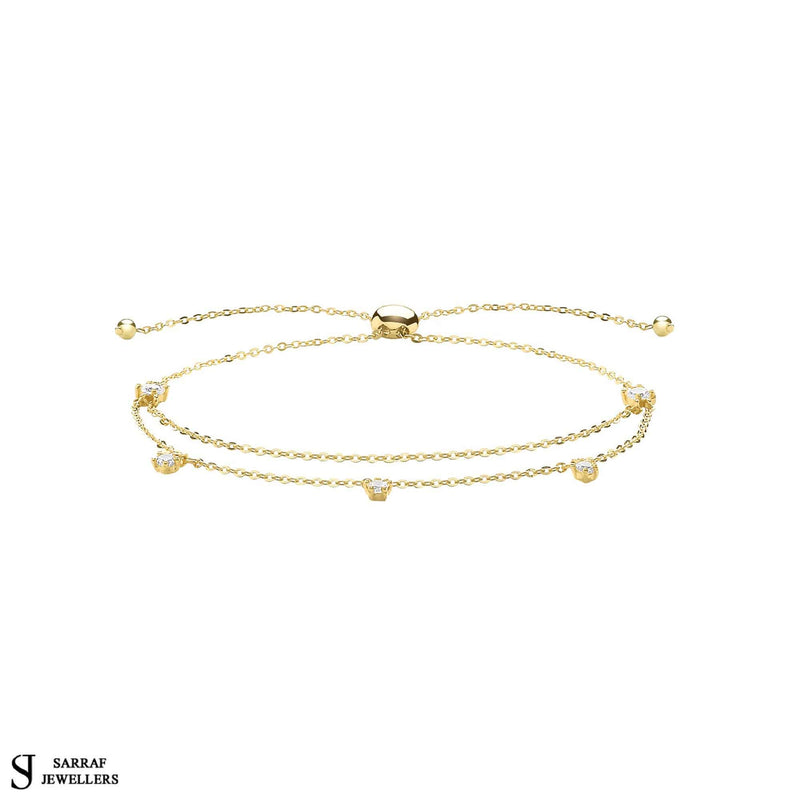 Double Chain and CZ Pull Style Bracelet, 9k Yellow Gold Pull Style Adjustable Bracelet, Ladies Bracelet - Sarraf Jewellers